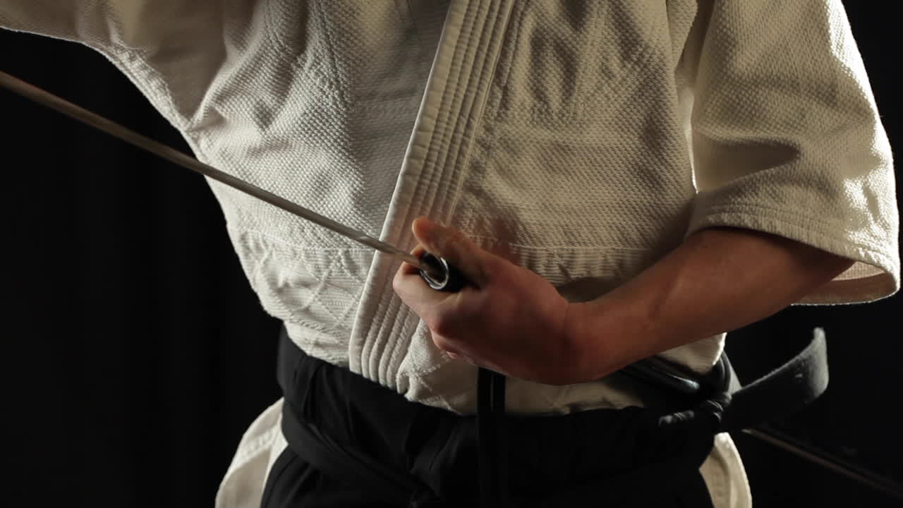 demostración de artes marciales samurai, espada adentro, vista frontal