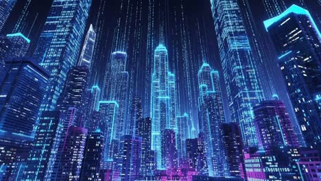 a captivating nightview of a futuristic cityscape illuminated by neon lights, showcasing skyscrapers with streams of digital rain cascading downward