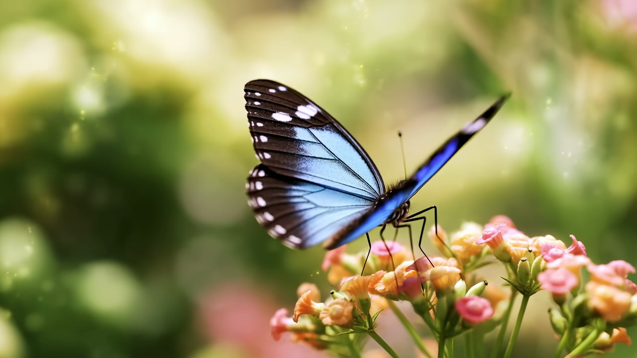 Blue Butterfly Perched On Pink Flowers, K Macro Closeup Capturing Delicate Wings And Proboscis Feeding