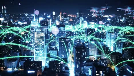 an aerial view of a futuristic cityscape at night, where drones navigate through a web of digital connections and vibrant light effects illuminate the urban landscape.