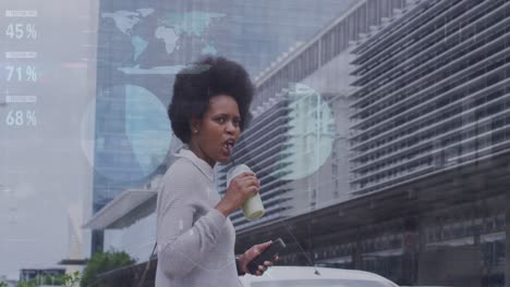 animation of african american woman walking with cellphone while drinking coffee
