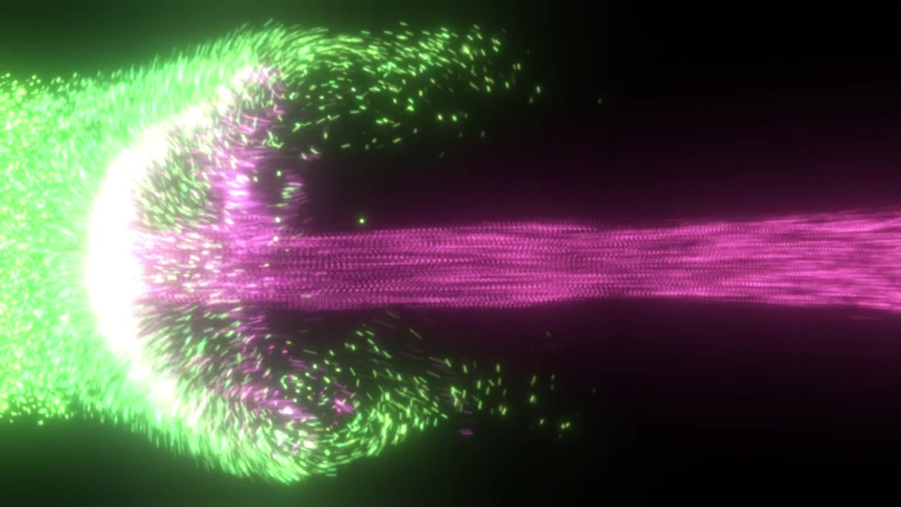 Particelle di energia fluida luminose verdi che nascono lentamente prima che un getto di particelle viola le attraversi 4K