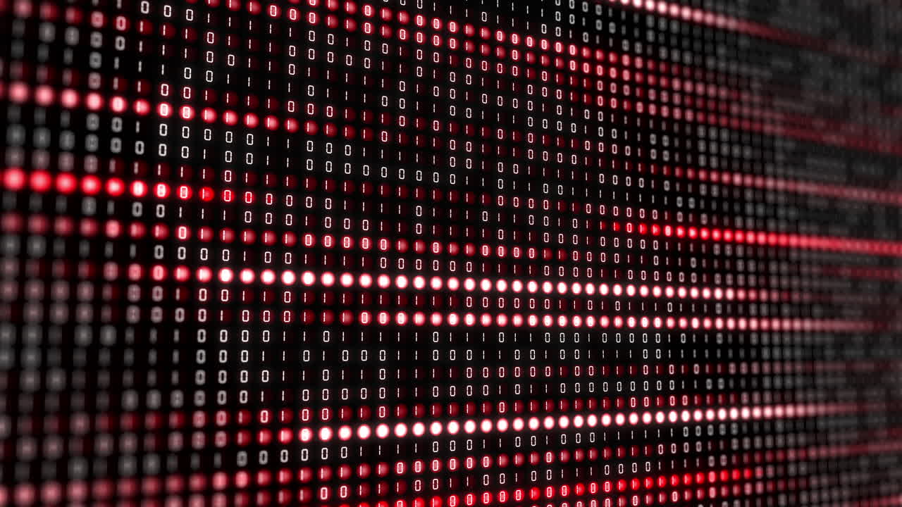 Red round pixels of electronic display with changing software binary code. Colored glowing lines on the screen. Digital abstract looped background.