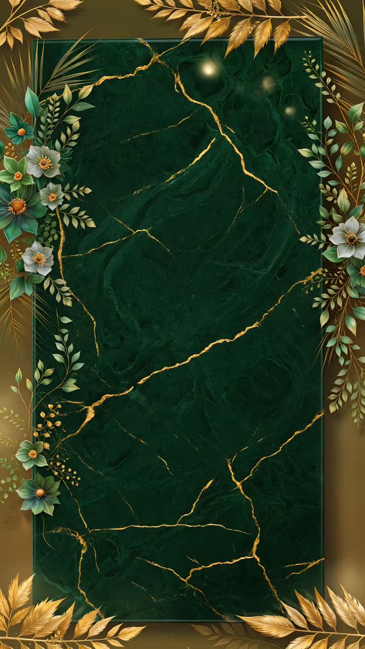 Elegant Wedding Background Emerald Marble Gold Floral Luxury Empty Center 4K