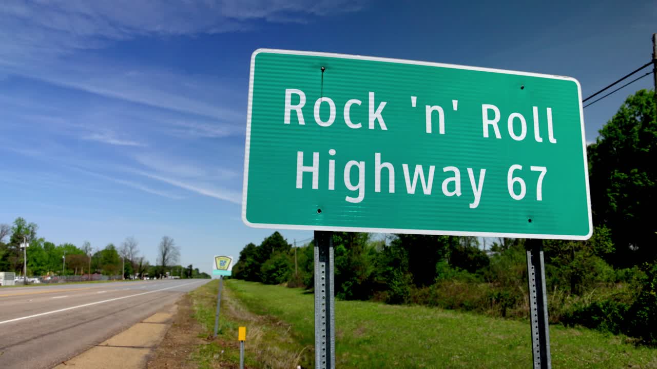 Rock 'n' Roll Highway 67 sign in Arkansas with gimbal video panning left to right