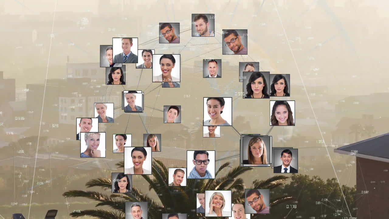 프로파일 아이콘의 애니메이션 지구상에서 안개가 인 현대 도시 풍경의 공중 풍경