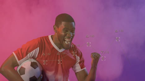 celebrating soccer player with animation of data analysis on colorful background