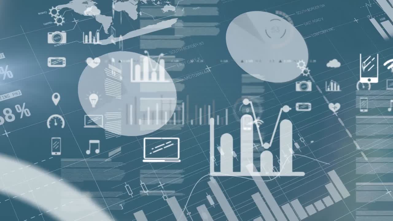 Animation of arrows falling down, changing financial data and graphs over green background