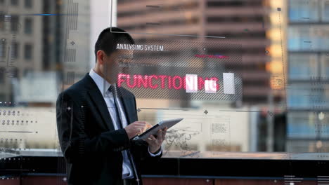 Animation of statistics and data processing over businessman using tablet