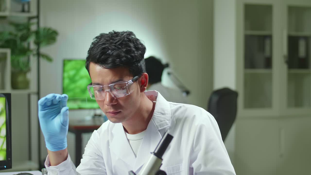 Asian Scientist Man Looking At Test Sample Of Leaf Analyzing For Biological Experiment With Organic Plants. Biologist Specialist Discovering Organic Gmo Plants While Working In