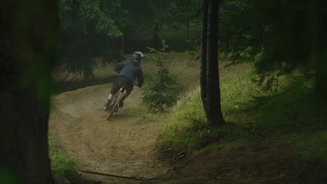 a mountain biker is riding very fast in a moody forest