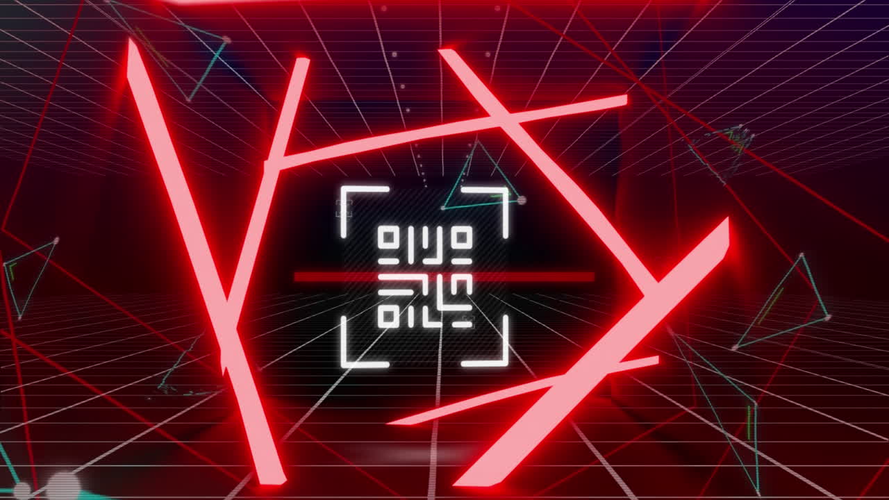 Animation af QR-kode, neonlinjer og databehandling