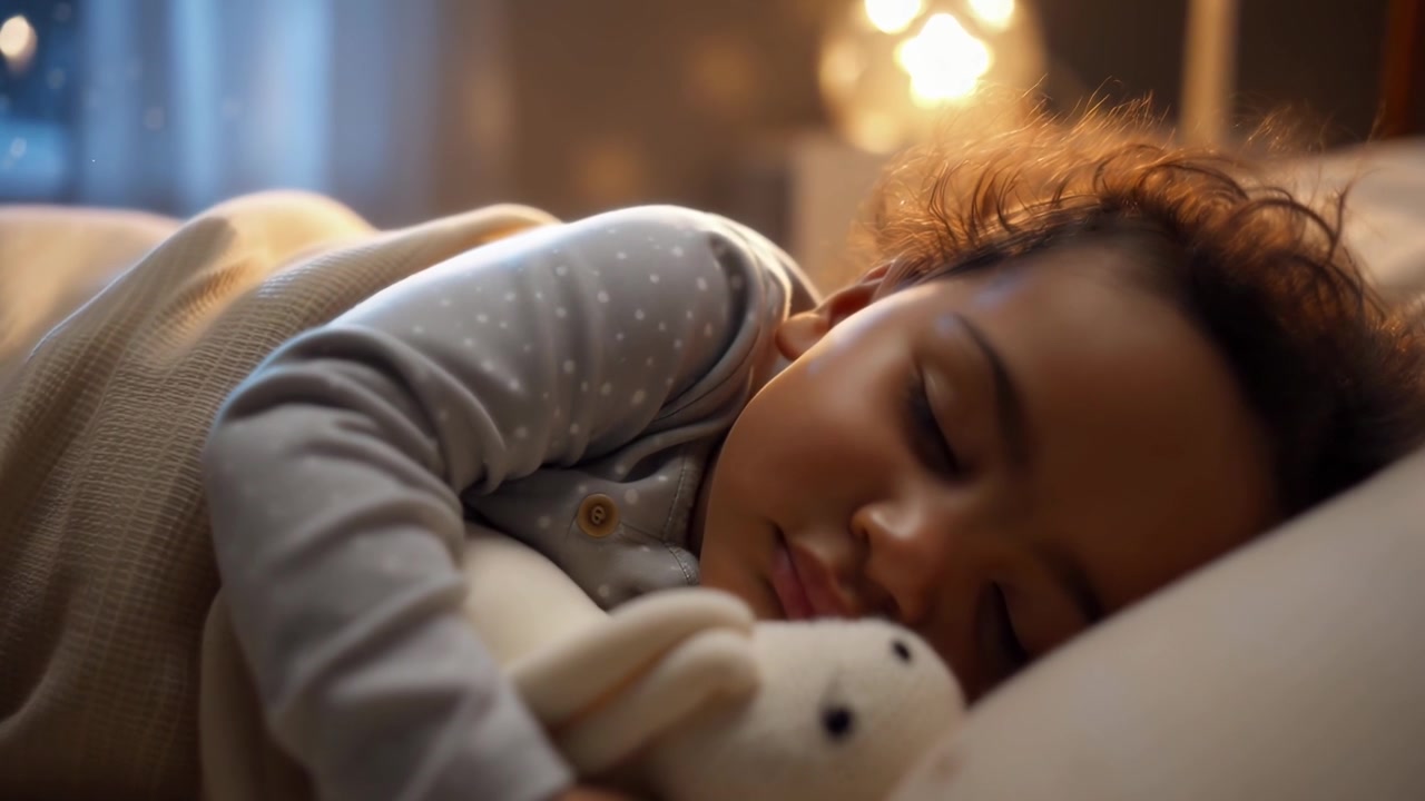 Fredfyldt baby, der sover trygt i seng med et tøjdyr