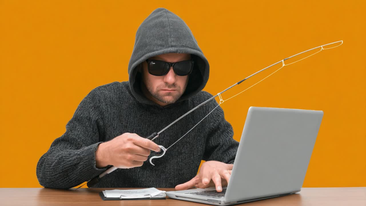 A Mysterious Figure Engaged in Cyber Activity: A Dark-Hooded Individual Focusing Intensely on Their Laptop While Holding a Fishing Rod in a Vibrant Orange Environment