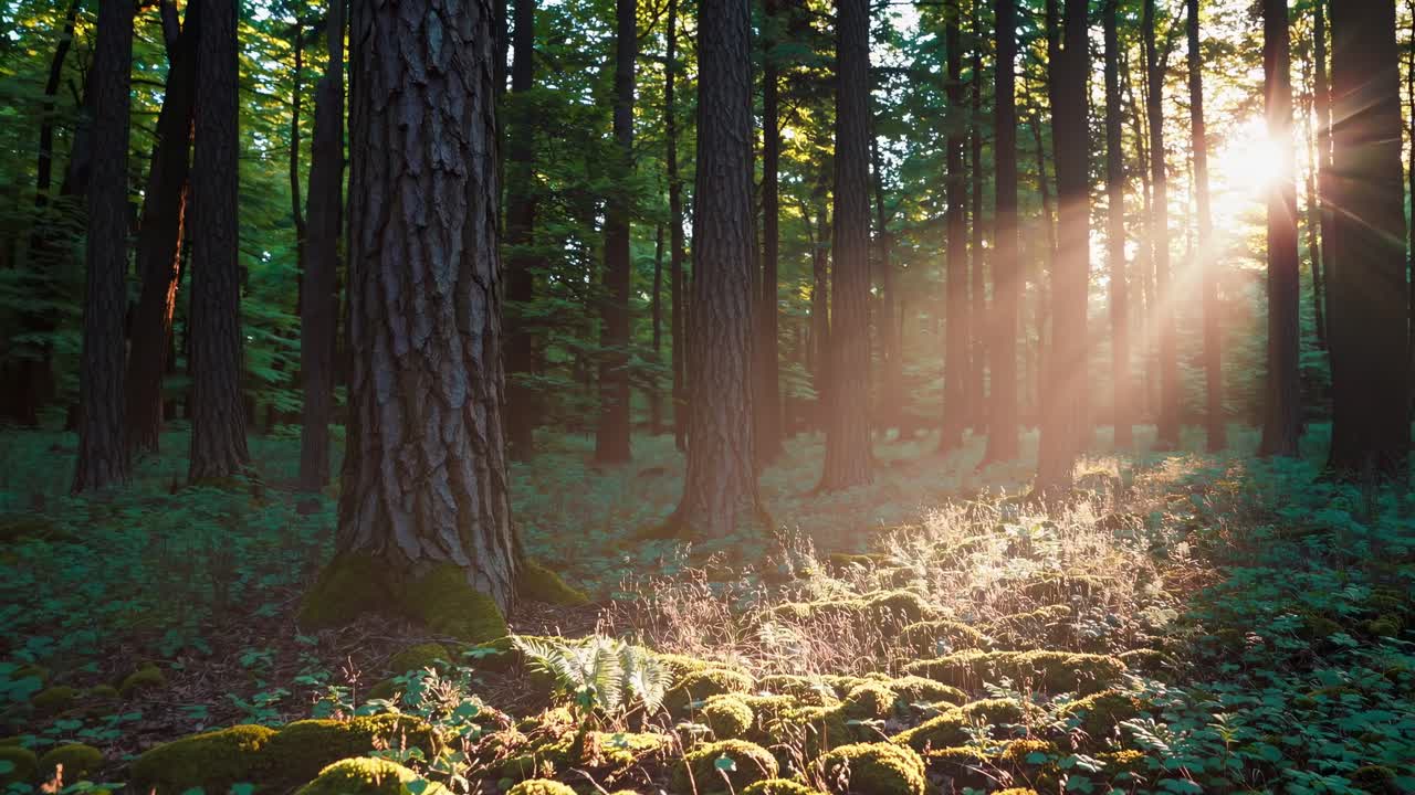 A serene forest scene with sunlight streaming through trees, captured at ground level
