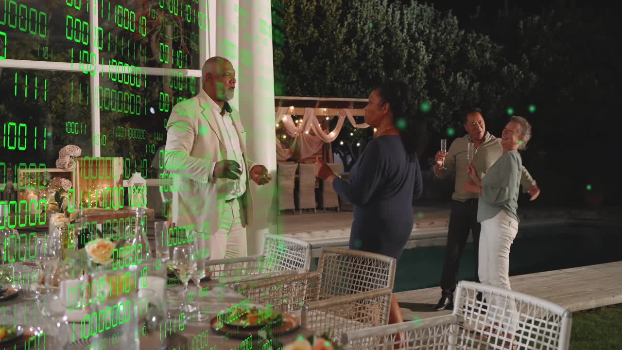 Event host raising glass, guests moving from dining table toward pool under string lights, toasting