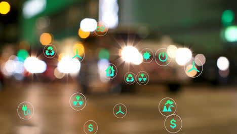 floating green and turquoise energy and environment icons drifting over blurred urban night bokeh