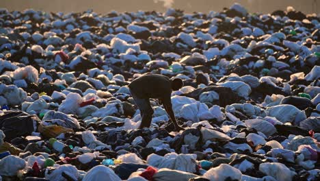 lone waste picker traversing expansive landfill during sunset, methodically searching through towering garbage piles while seeking recyclable materials amid environmental challenges