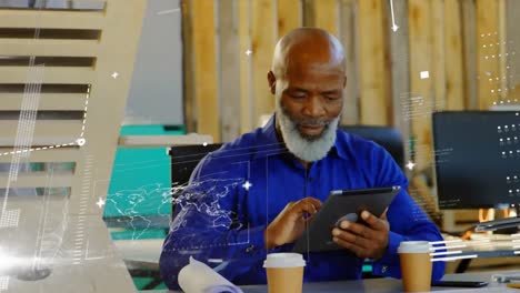 animation of graphs, bars, computer language, african american man using digital tablet in office