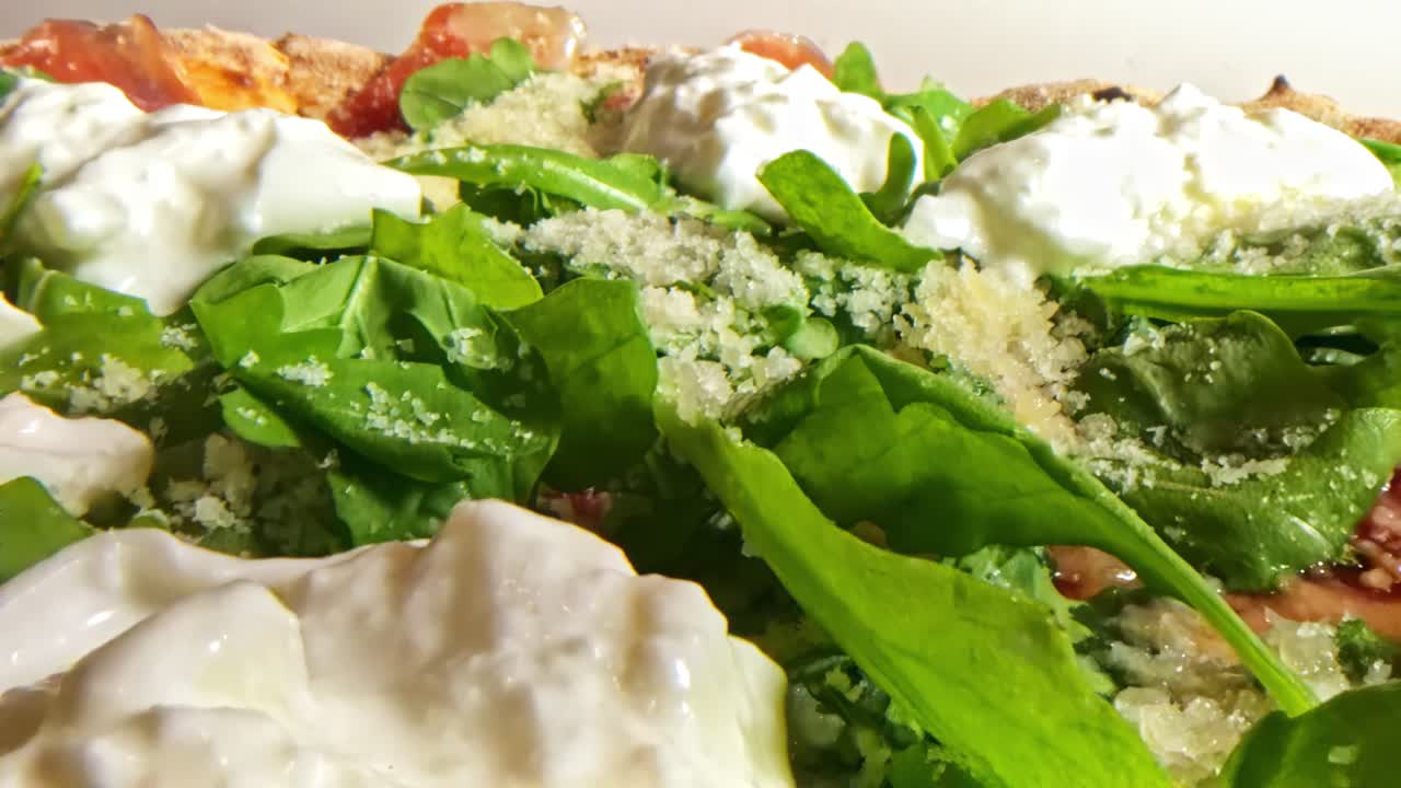 Fresh pizza with arugula and cream cheese, vibrant and delicious view