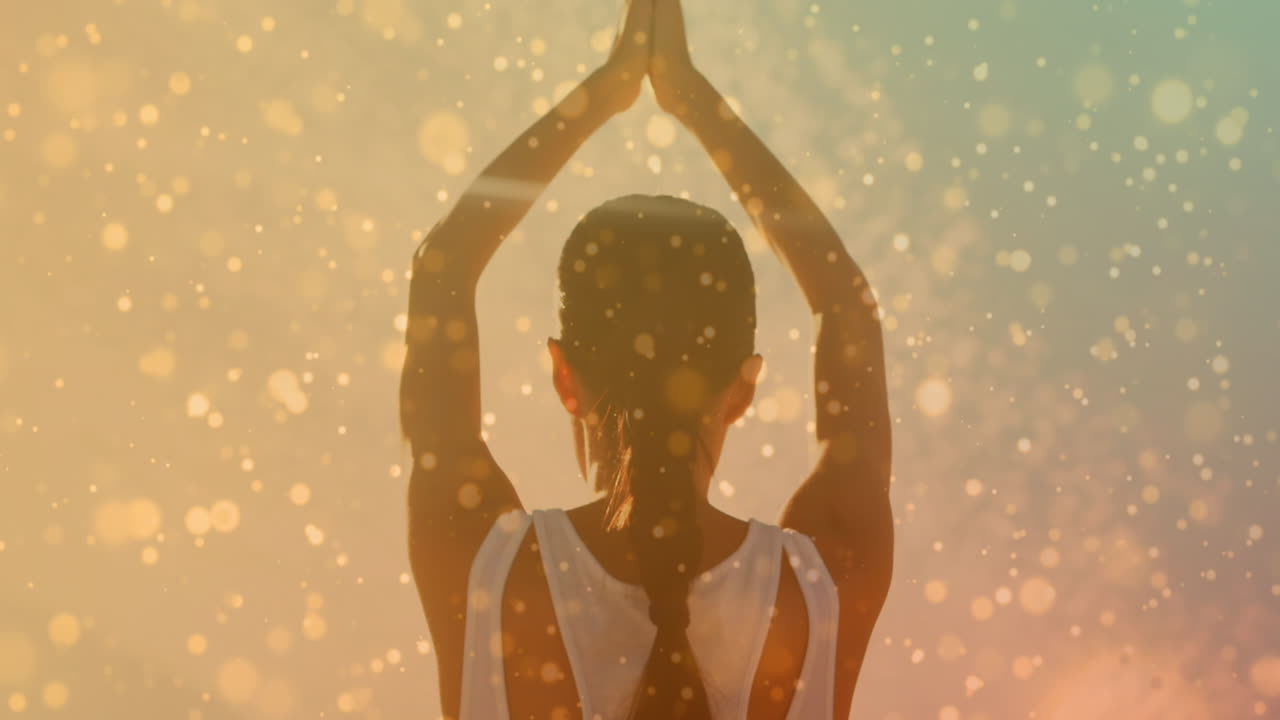 Animazione di punti su donna caucasica che pratica yoga