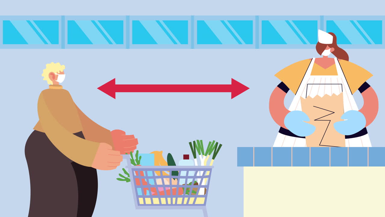 주부와 슈퍼마켓 직원이 코로나19 보호를 위해 식료품을 구입하는 의료 마스크를 착용하고 있습니다.