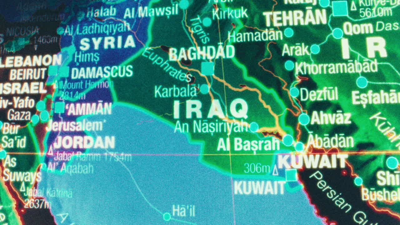 Close-up of a neon-colored political map of the Middle East