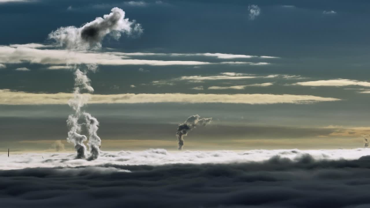 산업 지역의 공장에서 구름 위로 스모그 상승, 황금 배경