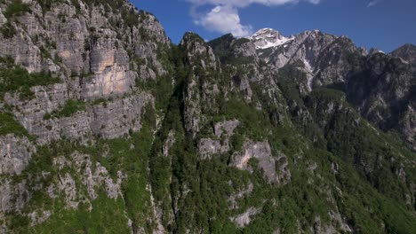 Mountain-peak-with-high-cliffs-and-white-snow-in-summer,-Alps-in-Albania