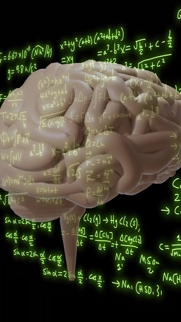 Animazione di equazioni matematiche su un cervello rotante su sfondo nero