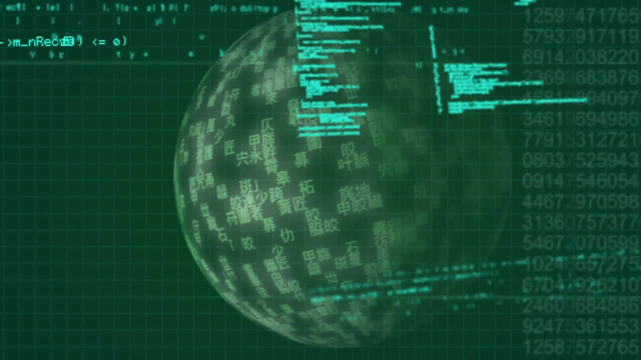 Program codes and globe with Chinese characters on the surface