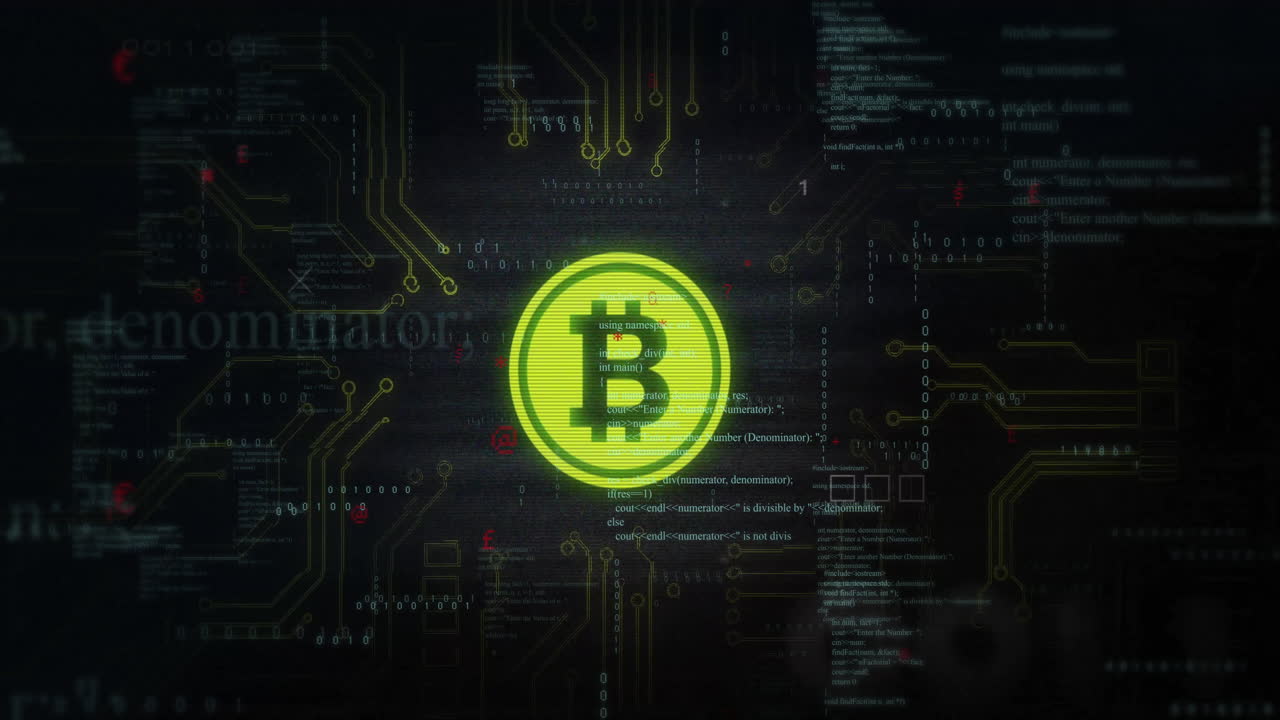 símbolo de bitcoin con placa de circuito y animación de código binario