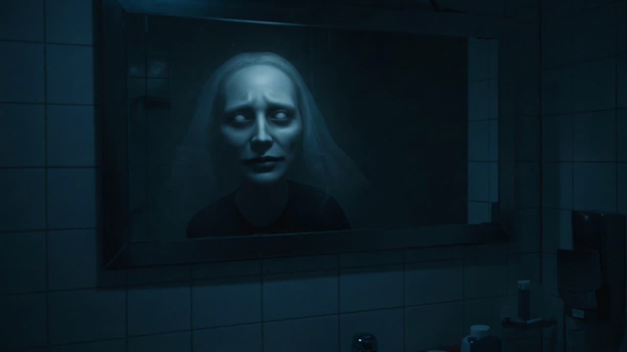 A Haunting Reflection: A Mysterious Presence in a Dimly Lit Bathroom Mirror Captivates with Eerie Stillness and Unforgettable Atmosphere