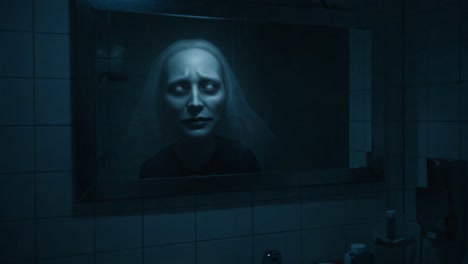 a haunting reflection: a mysterious presence in a dimly lit bathroom mirror captivates with eerie stillness and unforgettable atmosphere