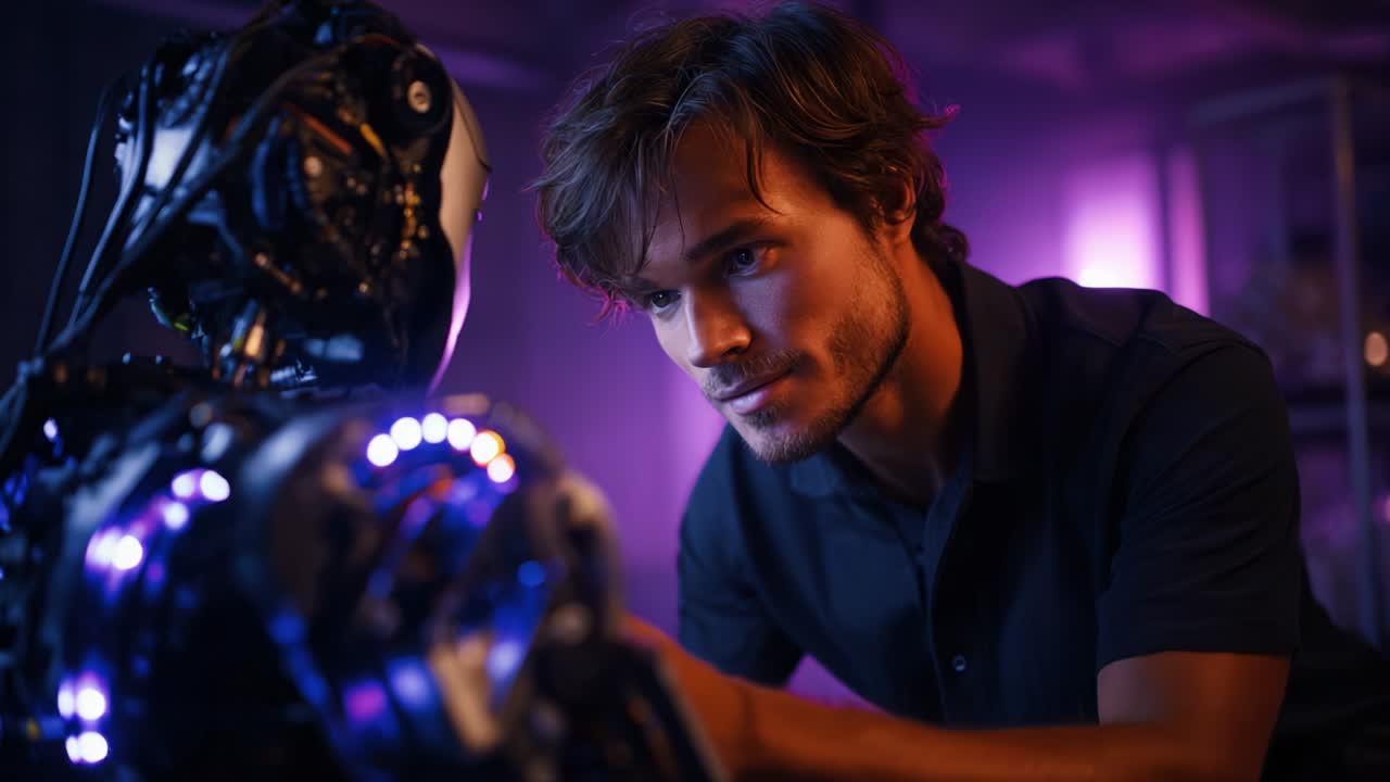 An Intimate Exploration of Human-Robot Interaction: A Young Man Engaged in Deep Observation of a Futuristic Robotic Companion in an Ambient Neon-Lit Environment, Reflecting Advanced Artificial Intelligence