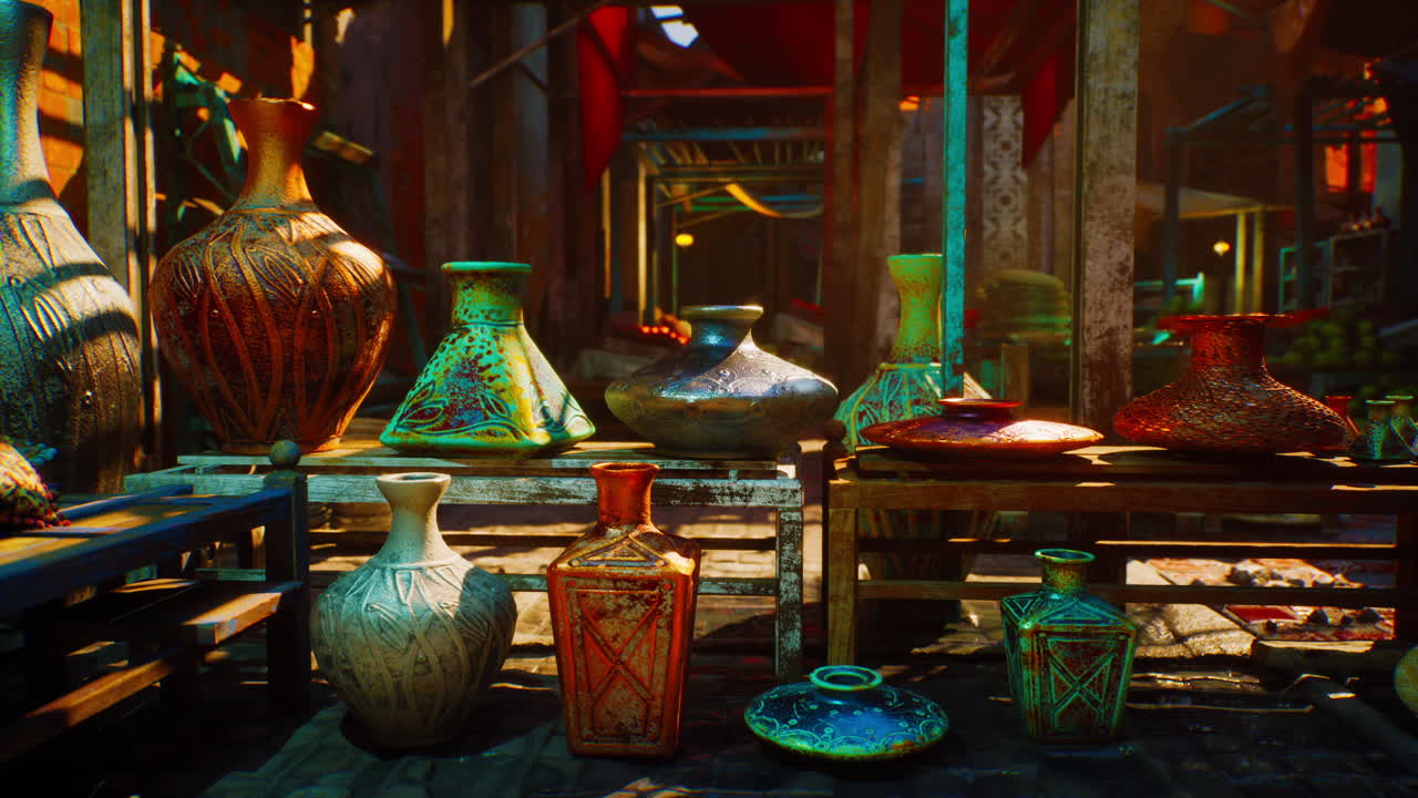 vasos de cerámica coloridos en un mercado tradicional del medio oriente