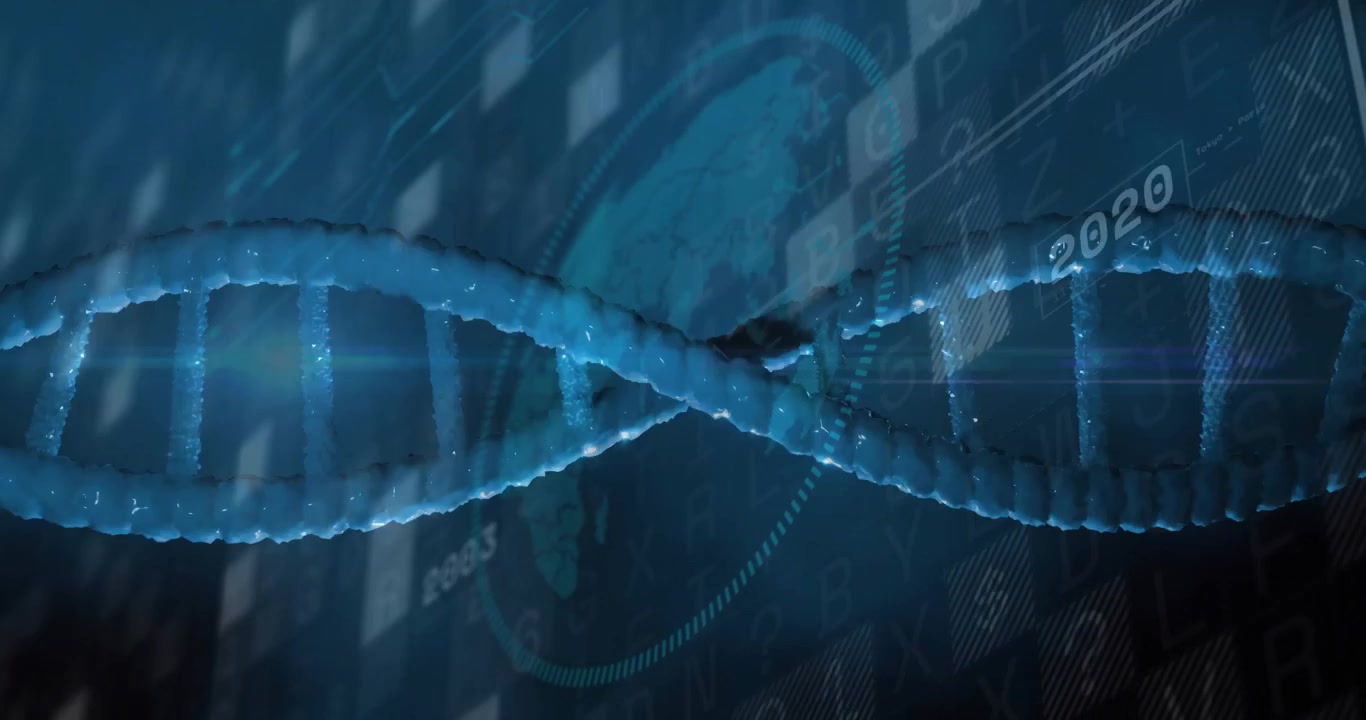 Luminous blue 3D DNA helix glowing over dark backdrop showing circular HUD graphics and binary data
