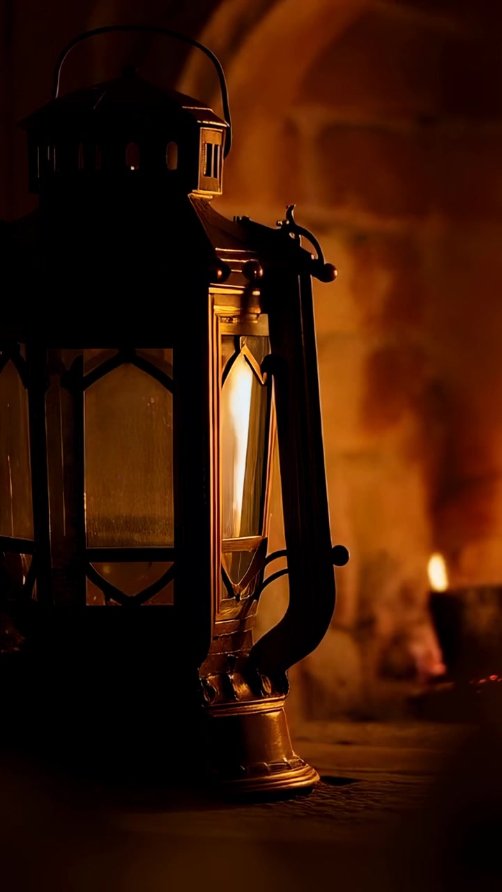 Lanterna antica in metallo luminosa che proietta luce su un focolare in mattoni, con una fiamma all'interno e un braciere tremolante.
