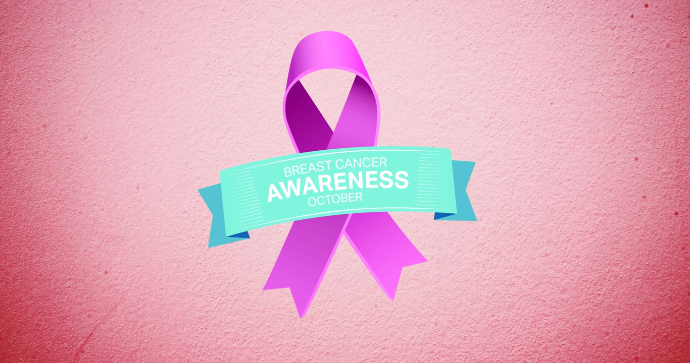 Animazione di un logo a nastro rosa e del testo 'cancro' che appaiono su sfondo rosa.