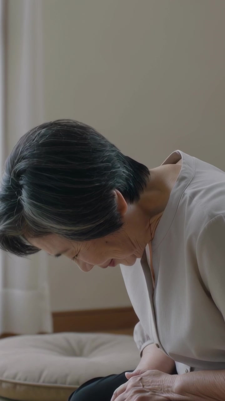 垂直影片：一位面帶微笑的長者，身穿米色上衣，在家中倚靠著軟墊，雙手交疊，畫面留有文案空間。