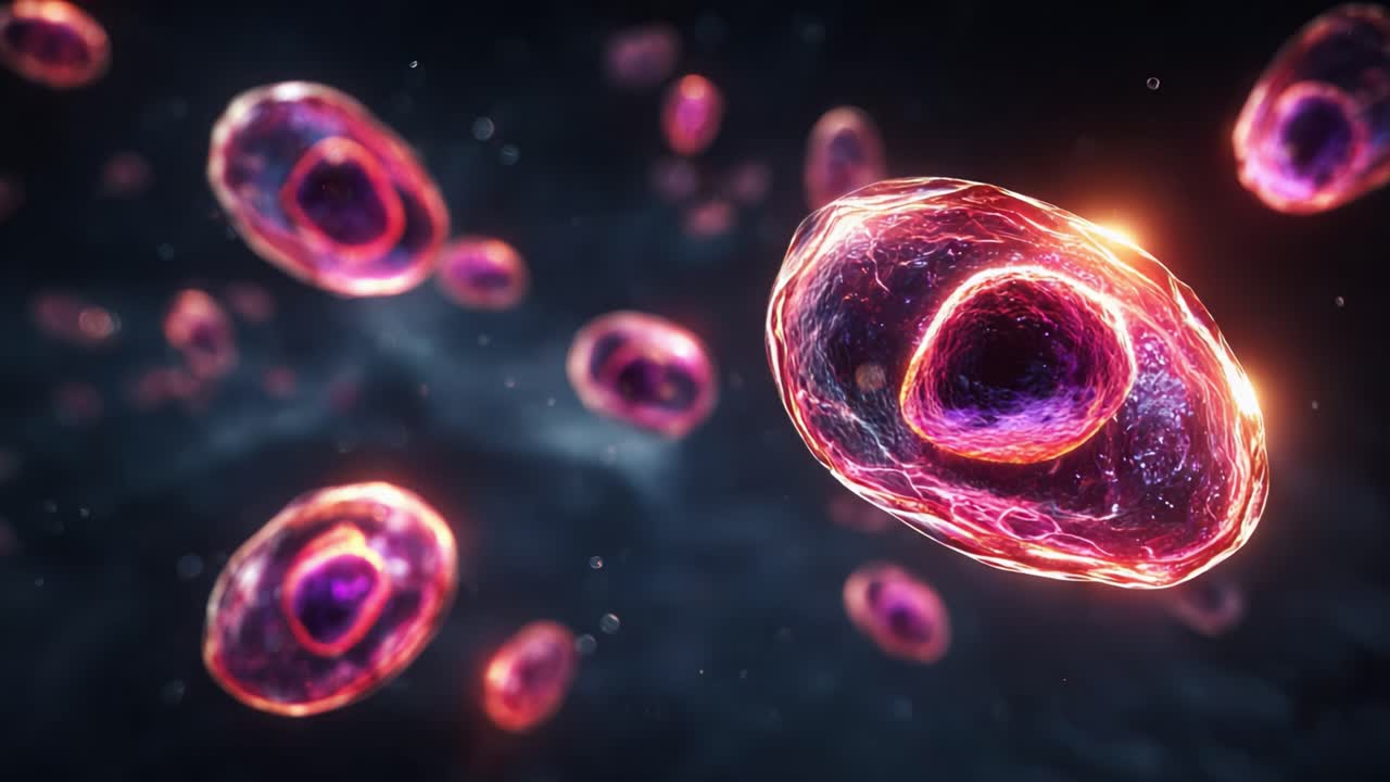 Vista ingrandita di cellule vivaci in un mondo microscopico, che mostra la loro misteriosa bellezza e le loro strutture uniche in uno sfondo etereo e scuro
