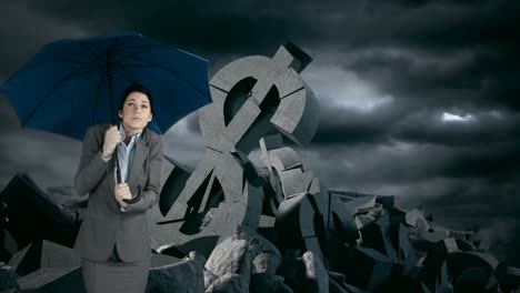 Geschäftsfrau-Mit-Regenschirm-Steht-Gegen-Dollar-Und-Singt-Unter-Stürmischen-Wolken