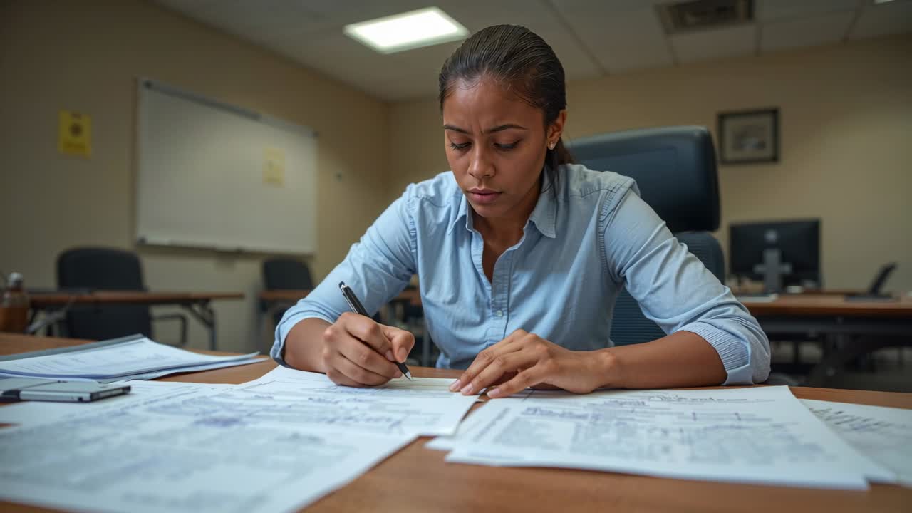 Revisione di progetti, una donna che segna i piani con una penna e sposta le carte, finalizzando il lavoro di ingegneria.