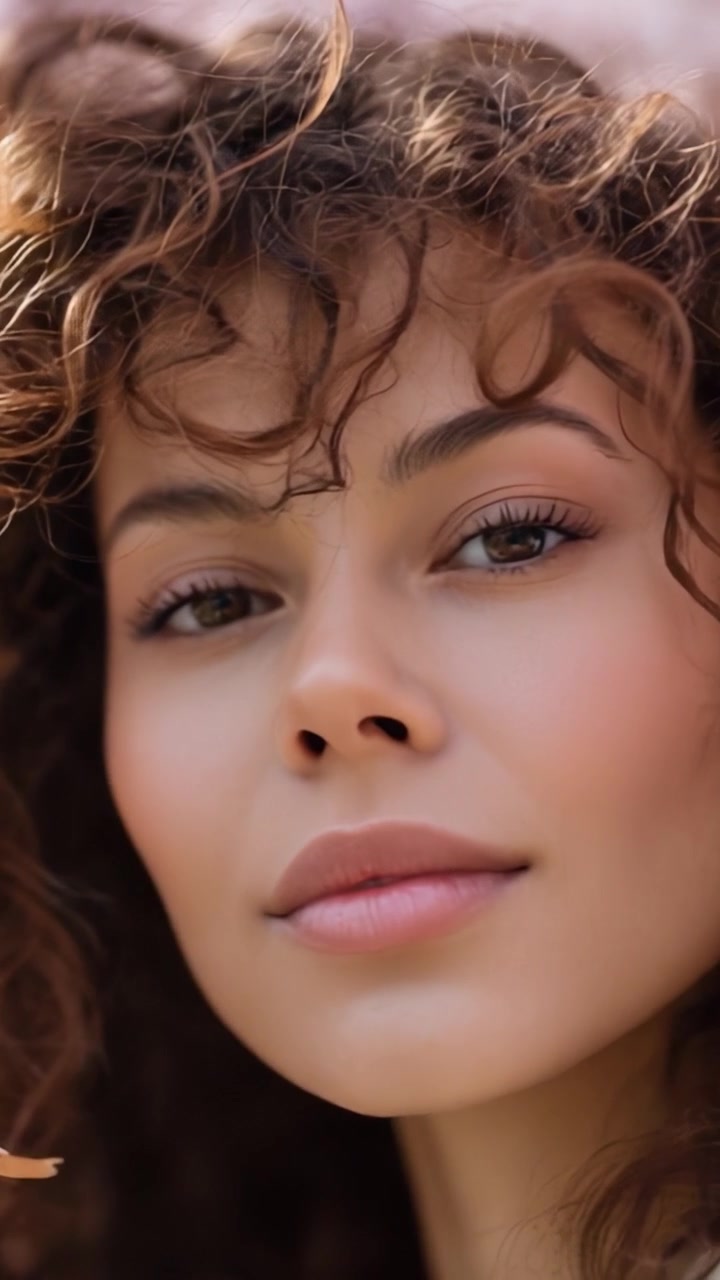 Captivating Expressions: A Beautiful Woman with Luxurious Curly Hair and Radiant Skin Showcases Natural Beauty in Two Frames from a Video Sequence.