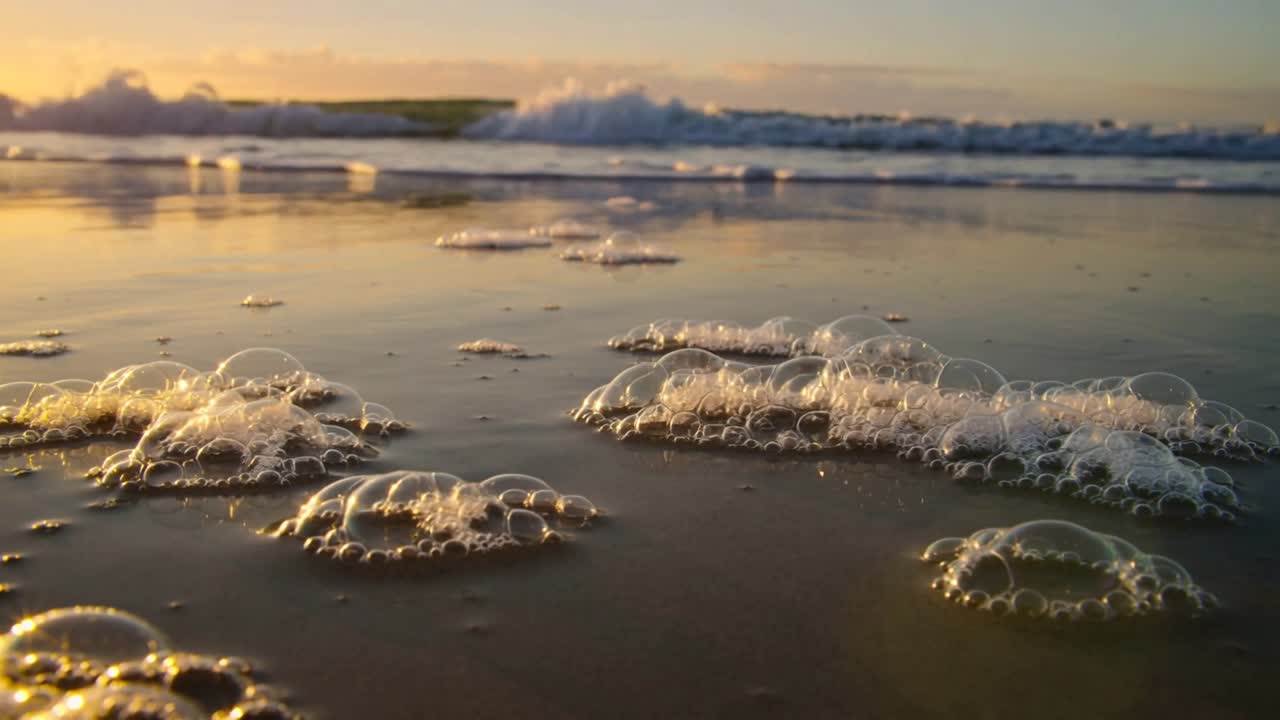 Skiftende sjøskumklynger som reagerer på innkommende bølger, omformes og flater ut på våt strandsand.