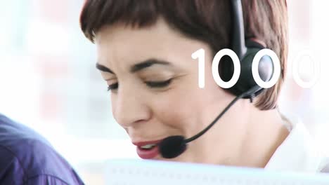 animation of numbers changing over businesswoman using phone headset