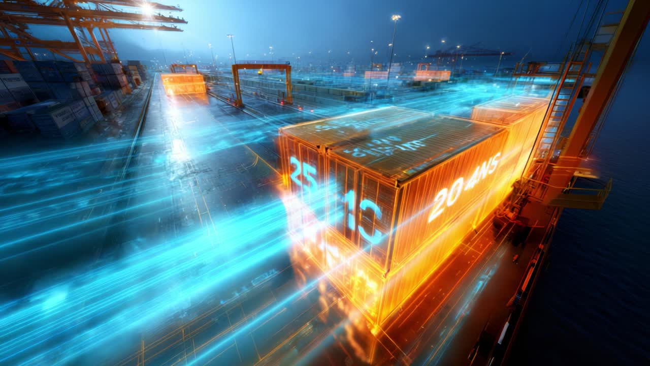 A Dynamic and Futuristic View of an Automated Port with Glowing Shipping Containers Showcasing Cutting-Edge Logistics Technology and Efficient Transportation Operations at Night