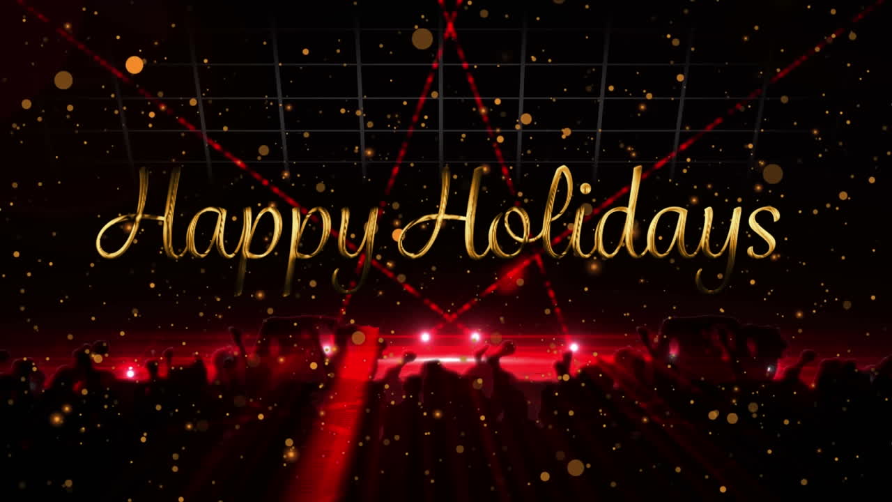 파티에 참석한 사람들 위에서 행복한 휴일 텍스트의 애니메이션