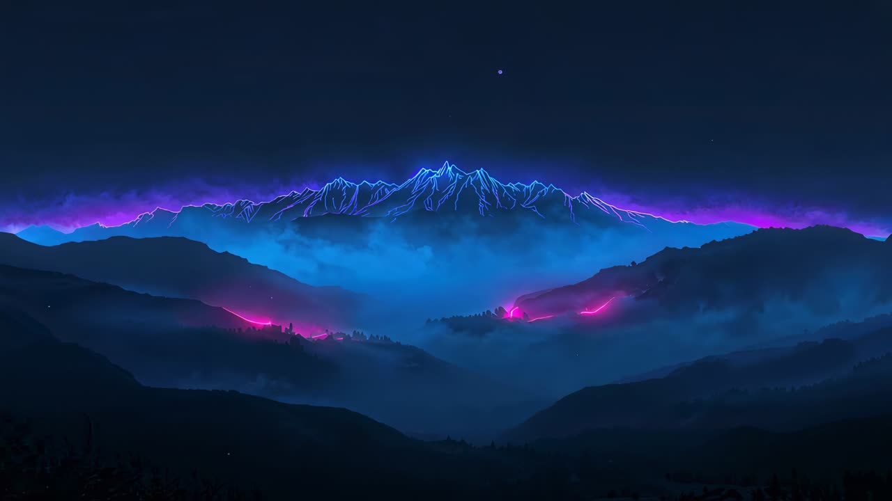 Brightening neon mountain ridge responding to frame shift, revealing magenta valley lights at night