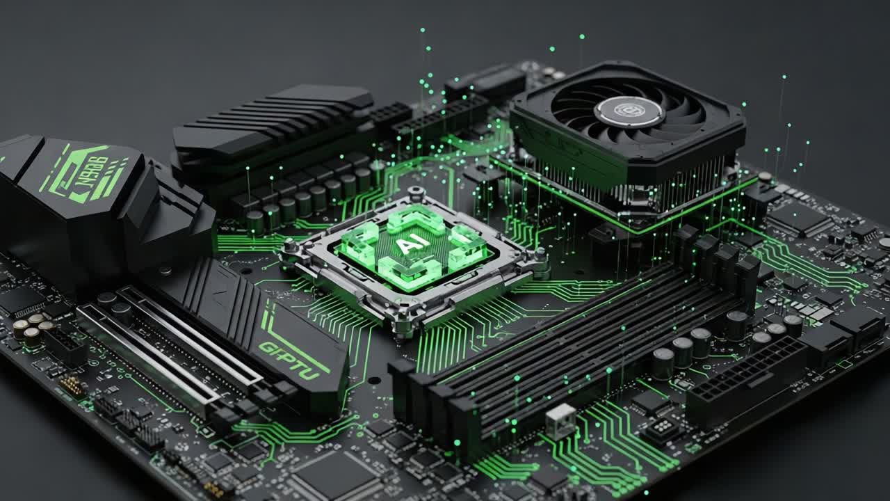 Close-Up View of a High-Tech Motherboard Illustrating Advanced Computing Technology with Glowing Elements and Intricate Circuitry Patterns